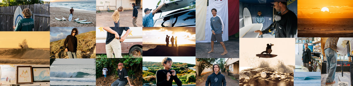 Wetsuit grid with surfers in different wetsuits holding surfboards. The pictures show the lates Vissla Wetsuit collection, New Seas Wetsuits, 7 Seas Wetsuits, High Seas Wetsuits and Natural Seas Wetsuits. 