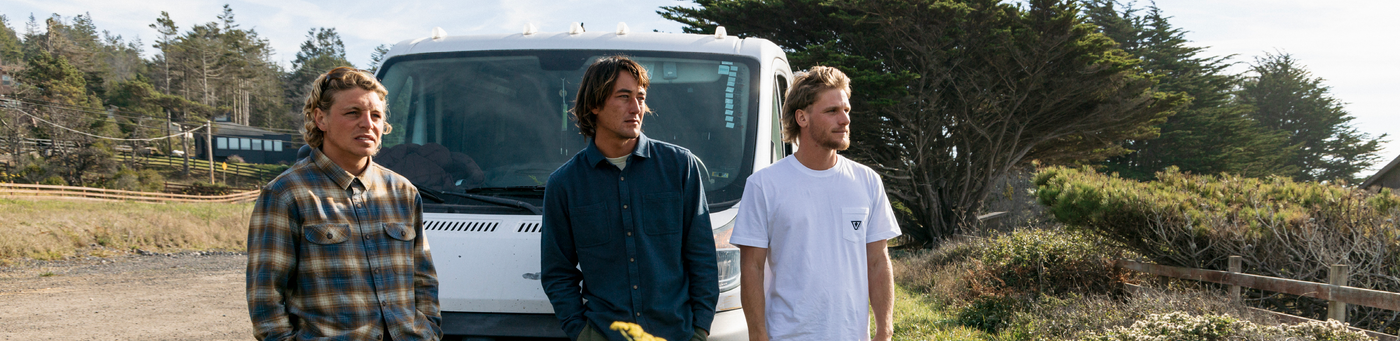 Wetsuit grid with surfers in different wetsuits holding surfboards. The pictures show the lates Vissla Wetsuit collection, New Seas Wetsuits, 7 Seas Wetsuits, High Seas Wetsuits and Natural Seas Wetsuits. 