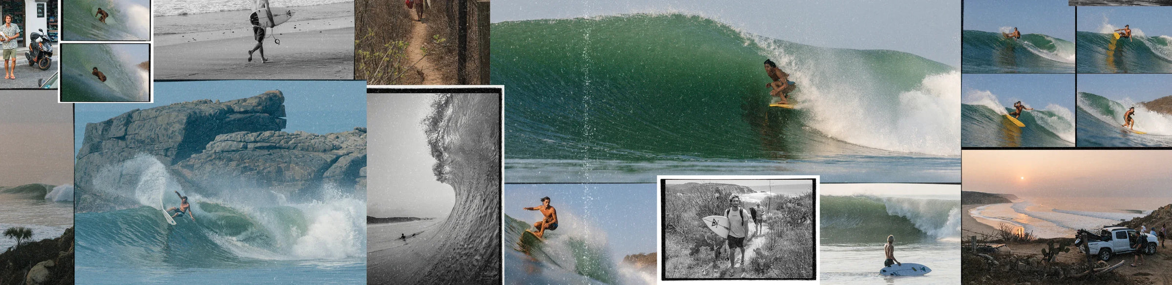 Wetsuit grid with surfers in different wetsuits holding surfboards. The pictures show the lates Vissla Wetsuit collection, New Seas Wetsuits, 7 Seas Wetsuits, High Seas Wetsuits and Natural Seas Wetsuits. 