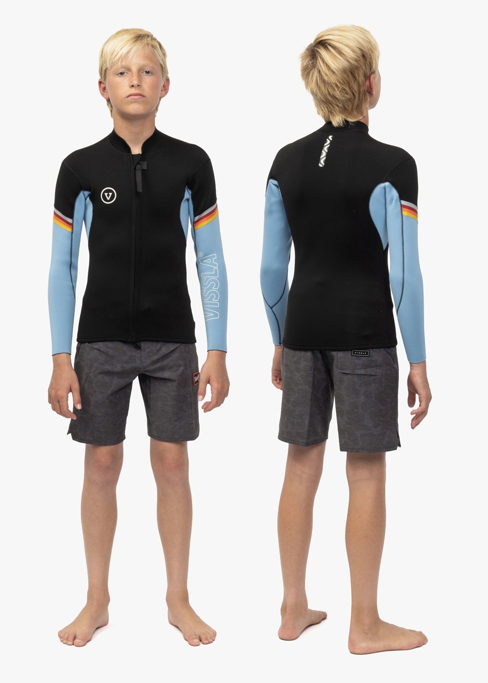 Vissla 7 Seas Boys Raditude 2mm Front Zip in Black With Blue