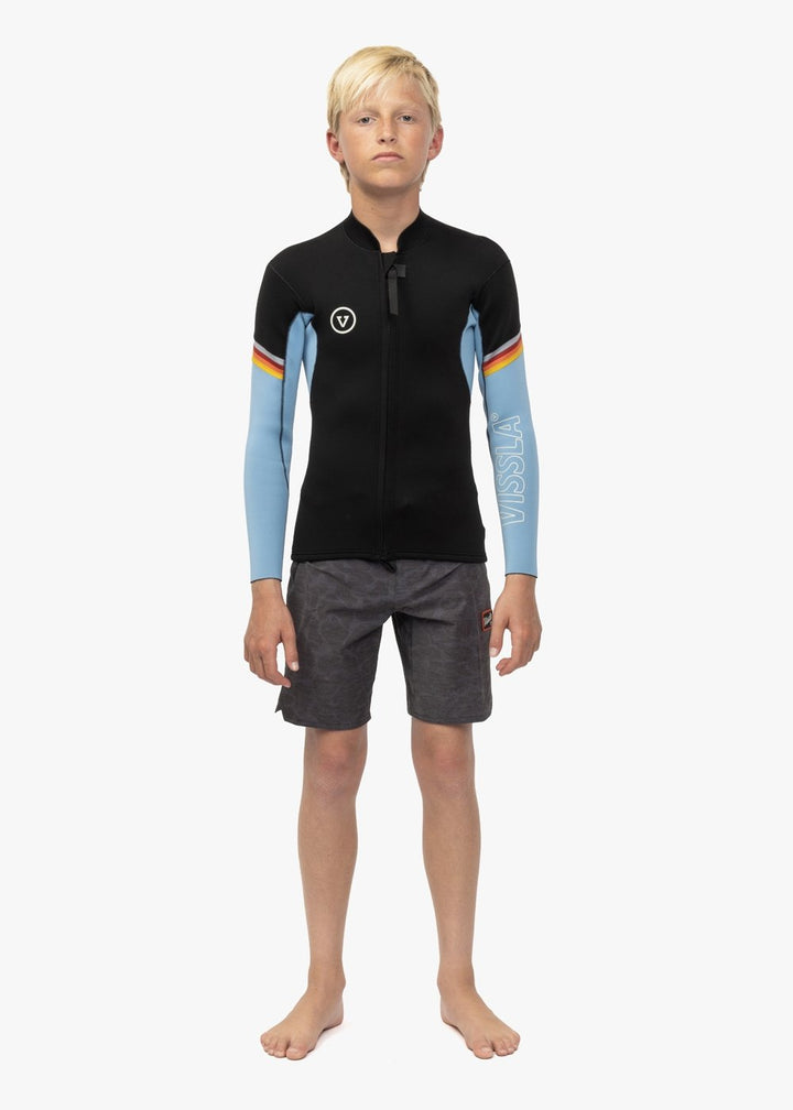 Vissla 7 Seas Boys Raditude 2mm Front Zip in Black With Blue, view 2