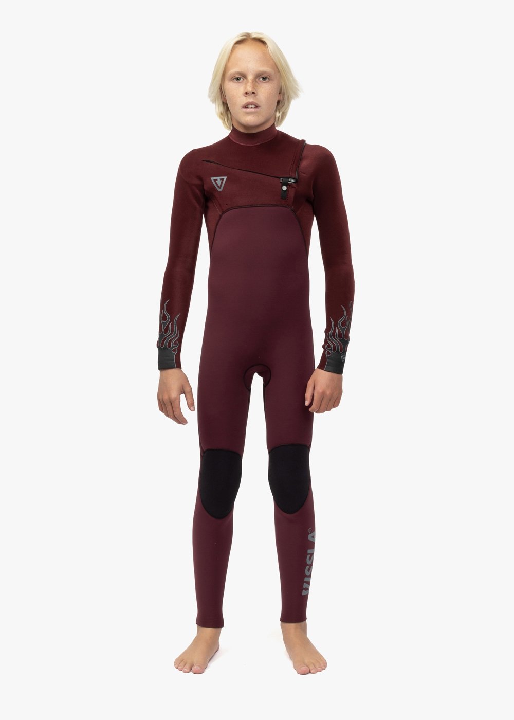 Vissla High Seas Boys Fire 4-3 Full Chest Zip in Wine, view 2