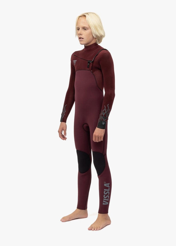 Vissla High Seas Boys Fire 4-3 Full Chest Zip in Wine, view 4