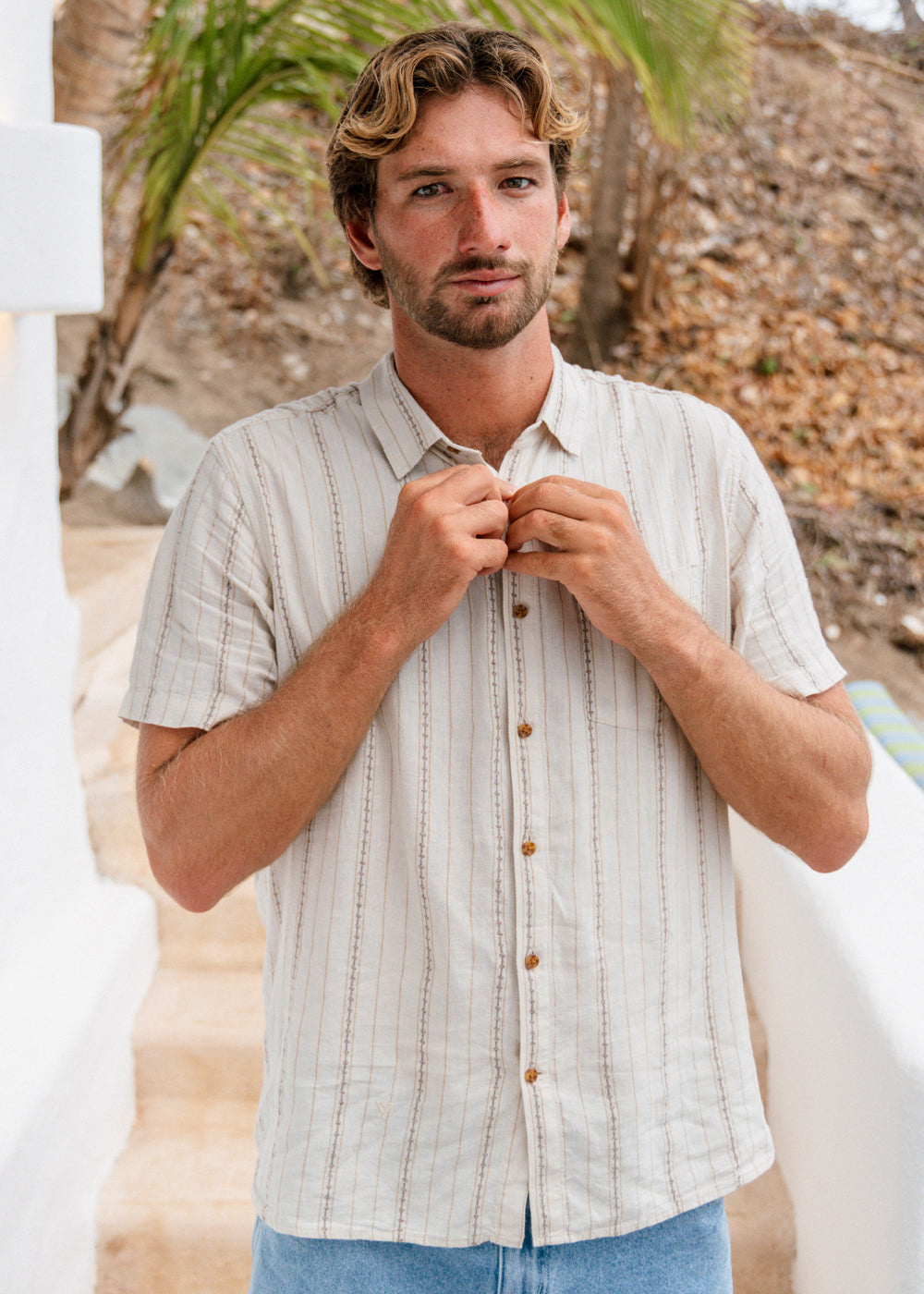 Vissla Linen Pin Shirt in Sand, view 2