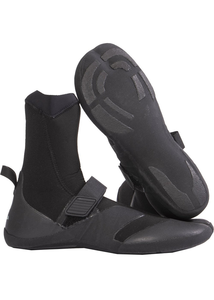 A pair of black Vissla High Seas II 3mm split toe booties designed for water sports, featuring a soft sole for board feel and a pull tab on the heel.