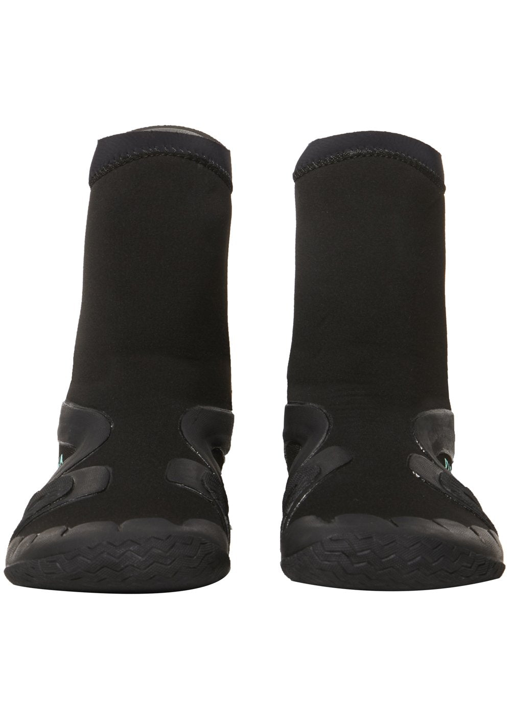 A pair of black 7 Seas 5mm round toe booties designed for cold water use, with no visible fasteners or additional accessories.