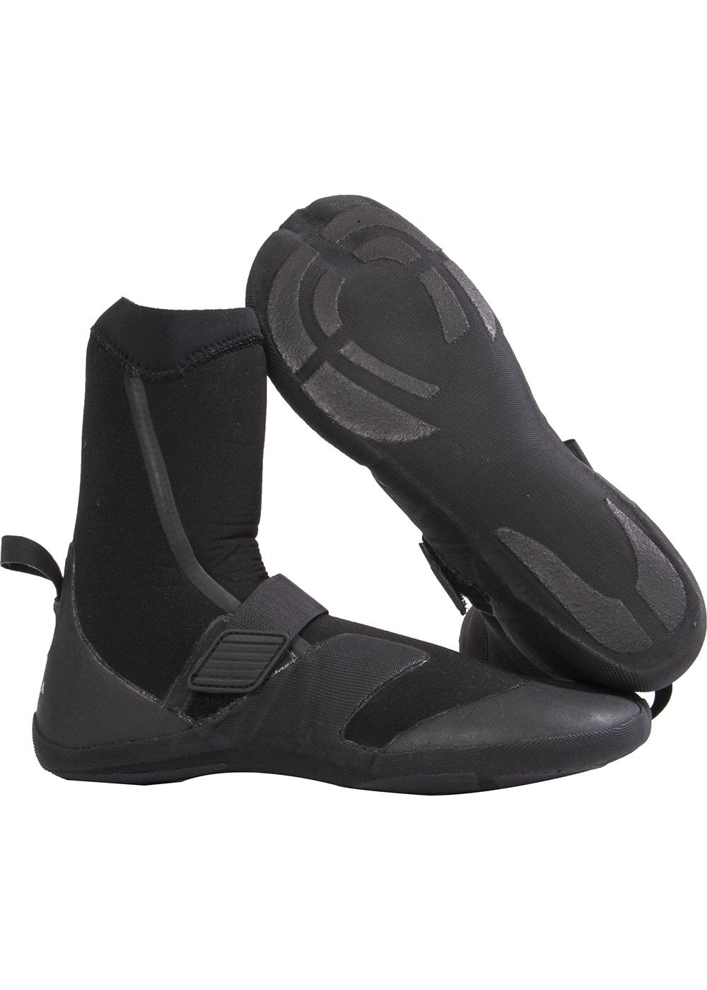 A pair of black split toe booties designed for water sports, featuring a super stretch neoprene material and grip traction technology.