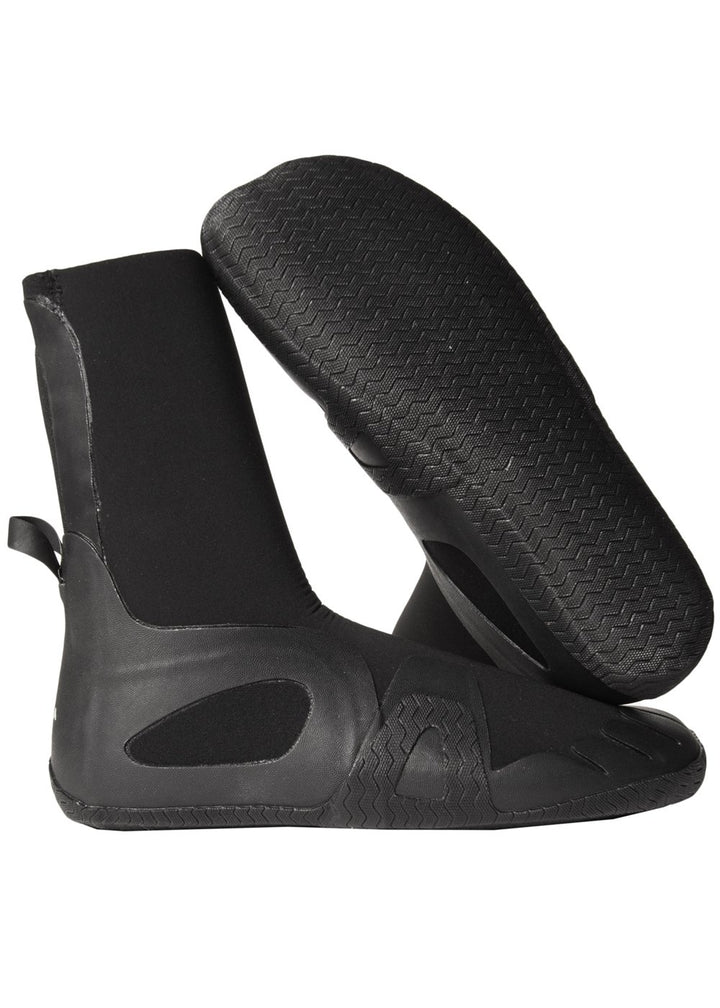 A pair of black round toe booties designed for water sports, featuring a soft grip sole and pull tab on the heel.
