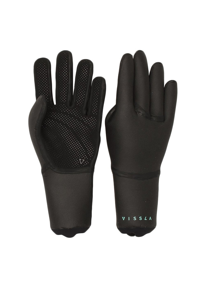 A pair of black neoprene gloves with the Vissla logo on the cuffs.