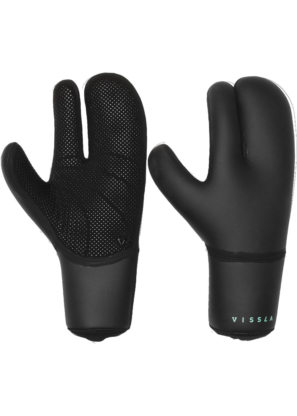 A pair of black neoprene gloves designed for water sports, featuring a dotted pattern on the palms and the Vissla logo.