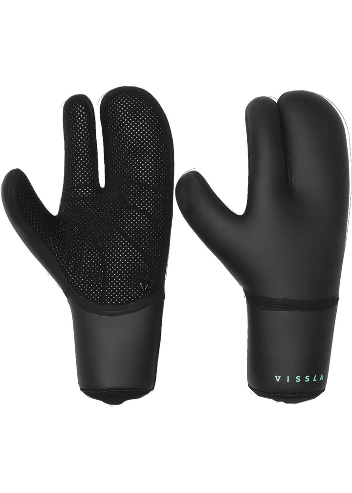 A pair of black neoprene gloves designed for water sports, featuring a dotted pattern on the palms and the Vissla logo.
