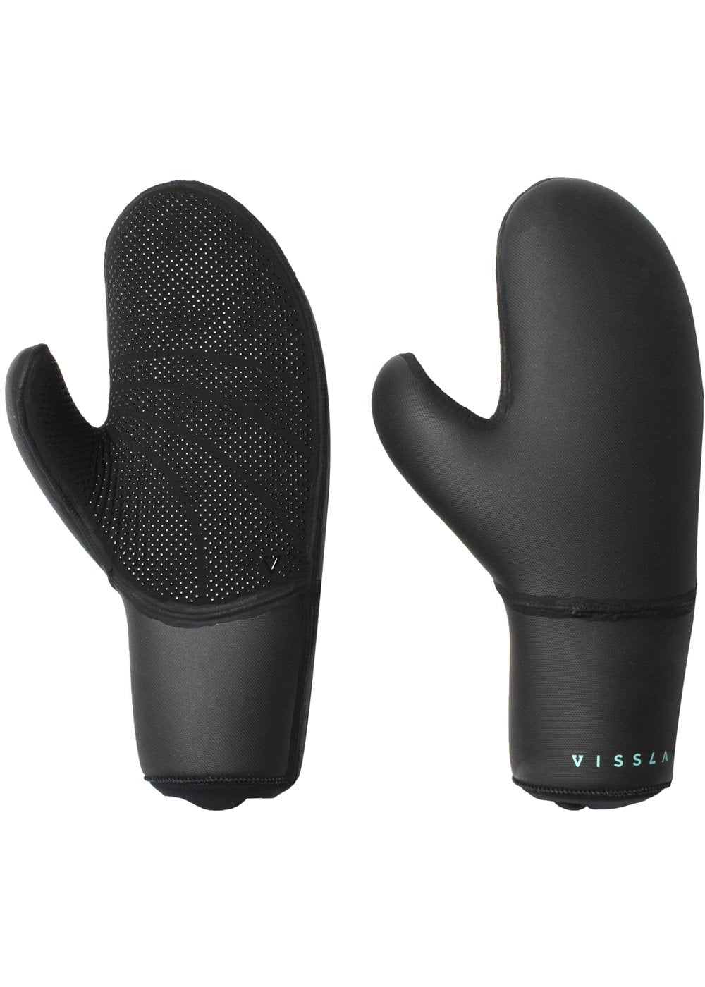 A pair of black 7 Seas 7mm mitten gloves with the Vissla logo visible on the grip palm.