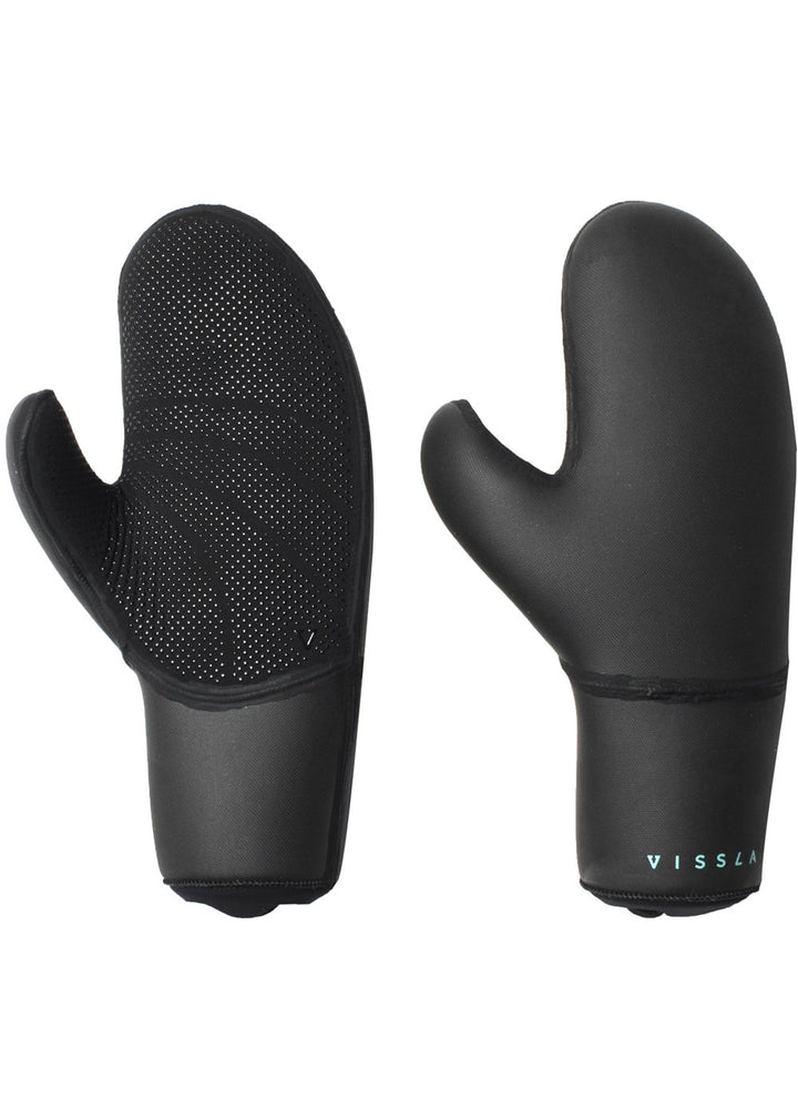 A pair of black 7 Seas 7mm mitten gloves with the Vissla logo visible on the grip palm.