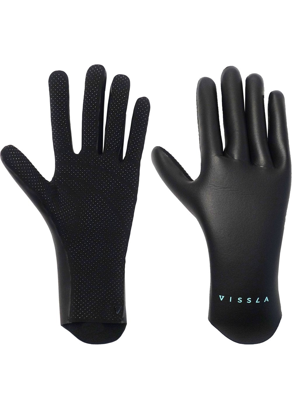 A pair of black Vissla high seas 1.5 mm surf gloves designed for cold water use.