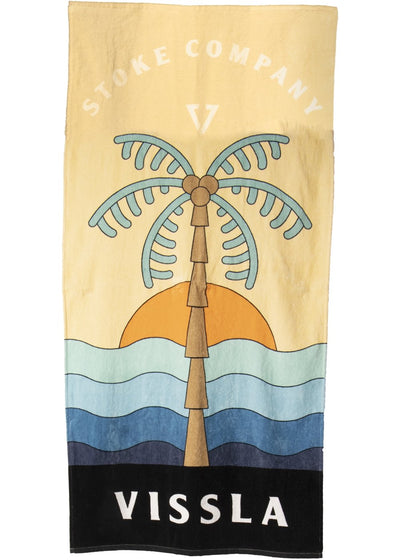 Vissla towel with a sunset and a palm tree in very simple graphics